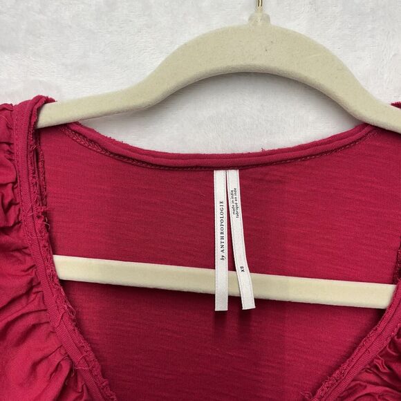 Anthropologie Ruffle V-Neck Long Sleeve Top Womens XS Pink Fuchsia Edwardian - Picture 5 of 11